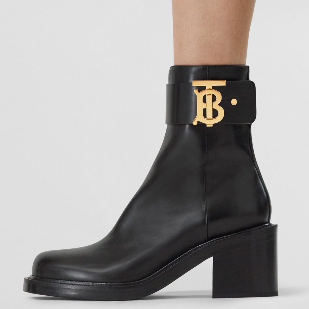 BURBERRY Monogram Motif Leather Block-heel Boots - Picture 1 of 12